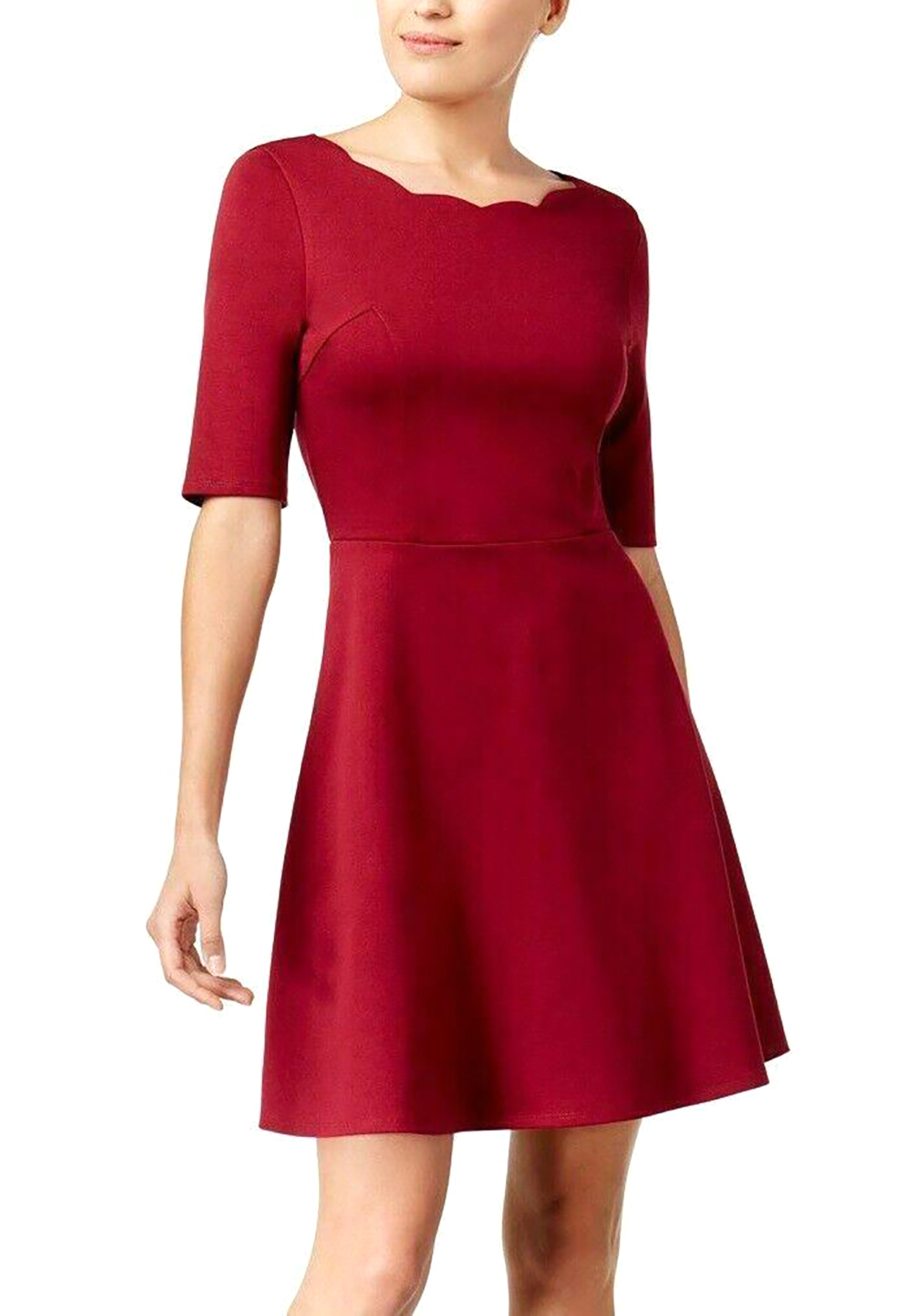 Monteau Los Angeles | Scalloped-Neck Fit & Flare Dress | Red | M Petite ...