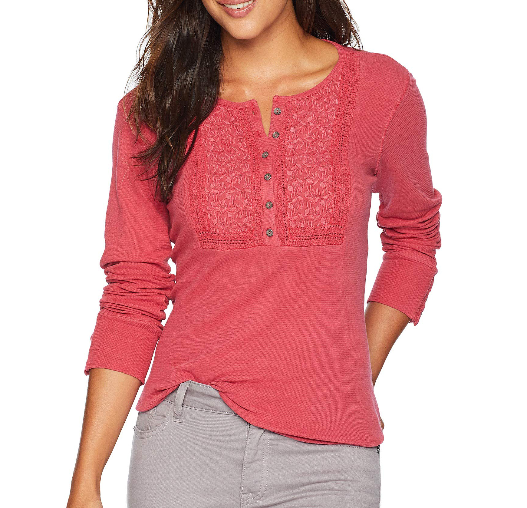 Lucky Brand | Cotton Embroidered Henley Thermal Top | Red | eBay